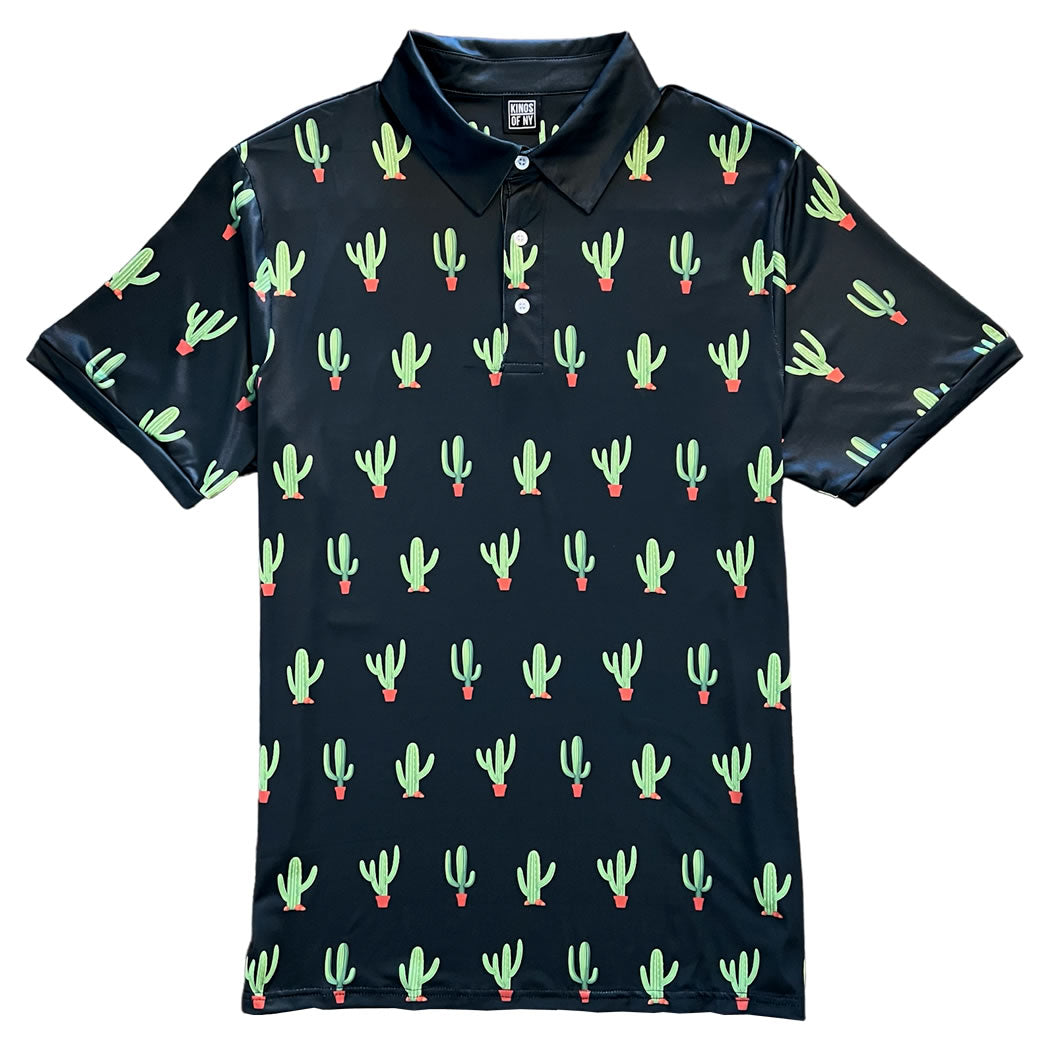 Black Saguaro Cactus Print Mens Golf Polo Shirt