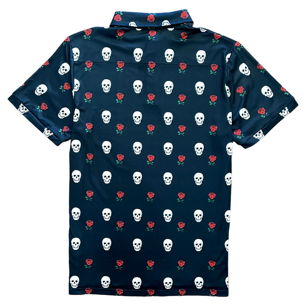 Black Skull And Roses Men's Short Sleeve Polo Golf Shirt