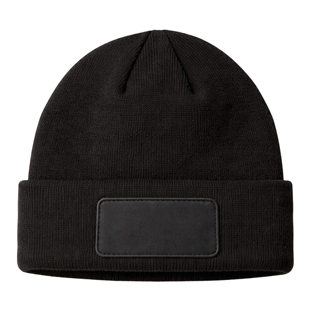 Black twill patch cuffed beanie hat for adults