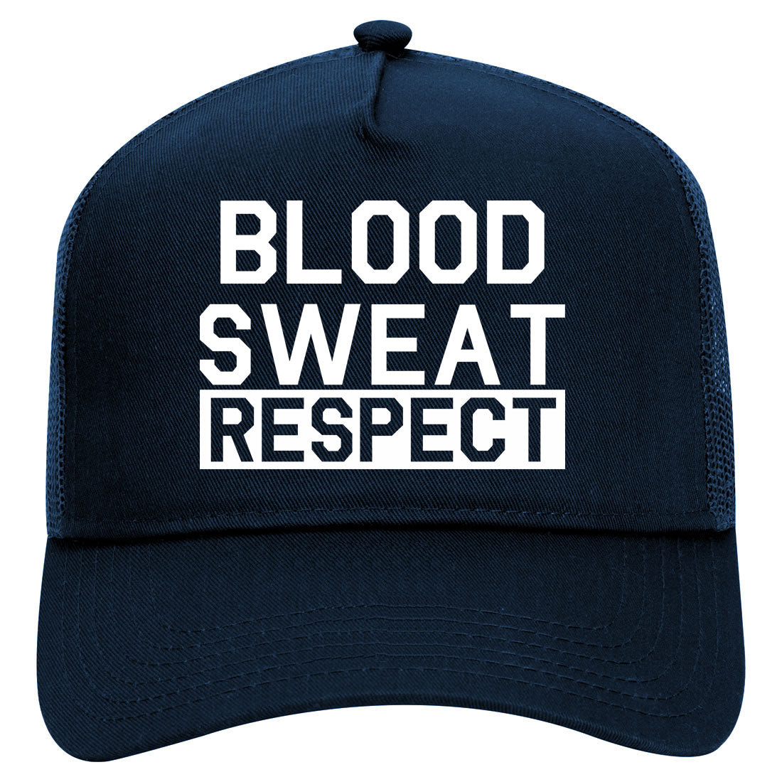 Blood Sweat Respect Gym Workout Mens Mesh Trucker Hat Navy Blue