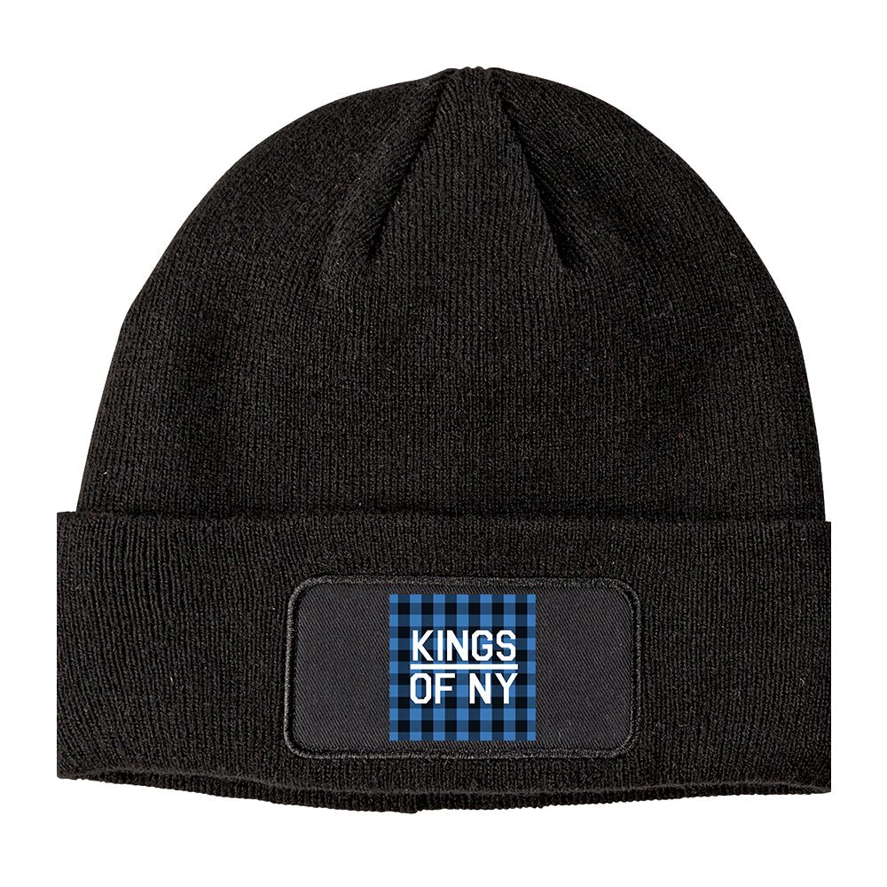 Blue Black Buffalo Plaid Box Logo Winter Knit Adult Beanie Hat Black