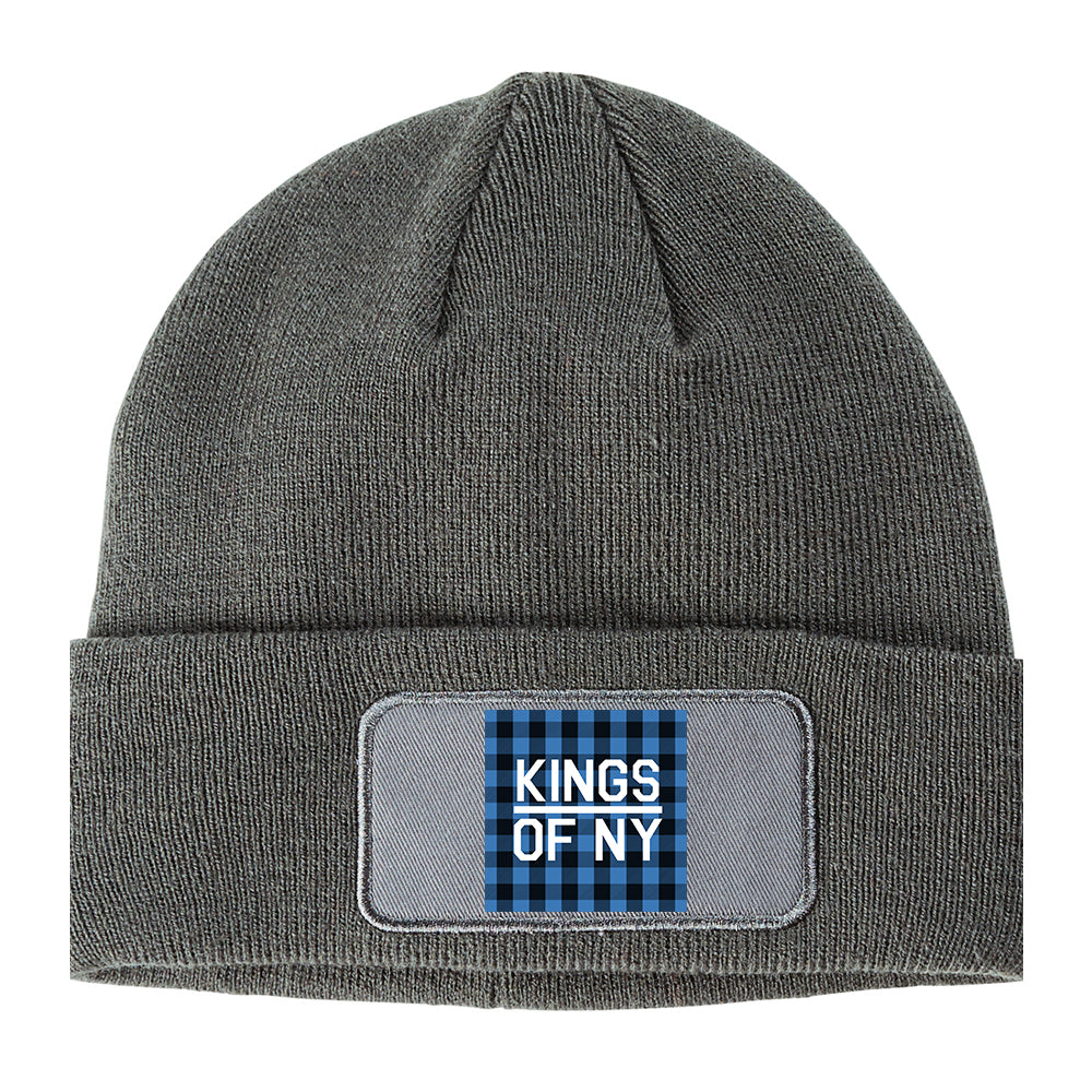 Blue Black Buffalo Plaid Box Logo Winter Knit Adult Beanie Hat Grey
