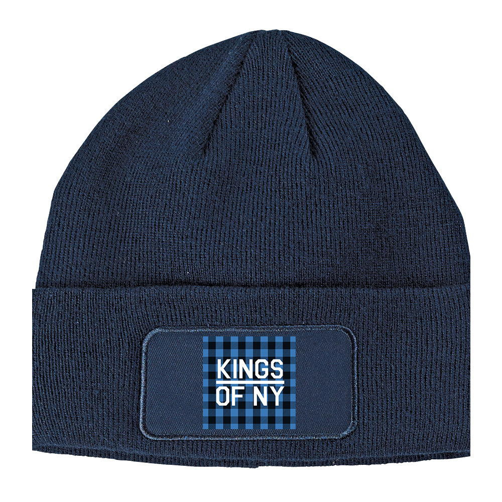 Blue Black Buffalo Plaid Box Logo Winter Knit Adult Beanie Hat Navy Blue