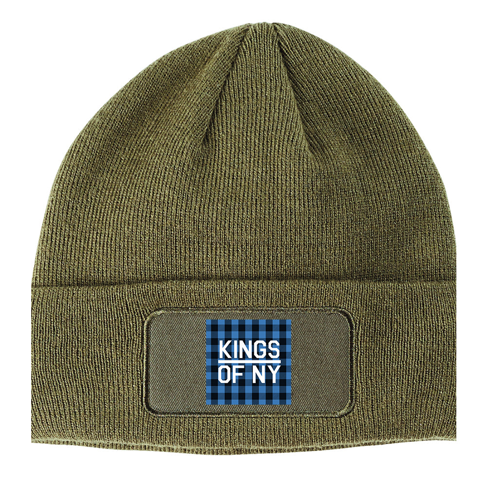 Blue Black Buffalo Plaid Box Logo Winter Knit Adult Beanie Hat Olive Green