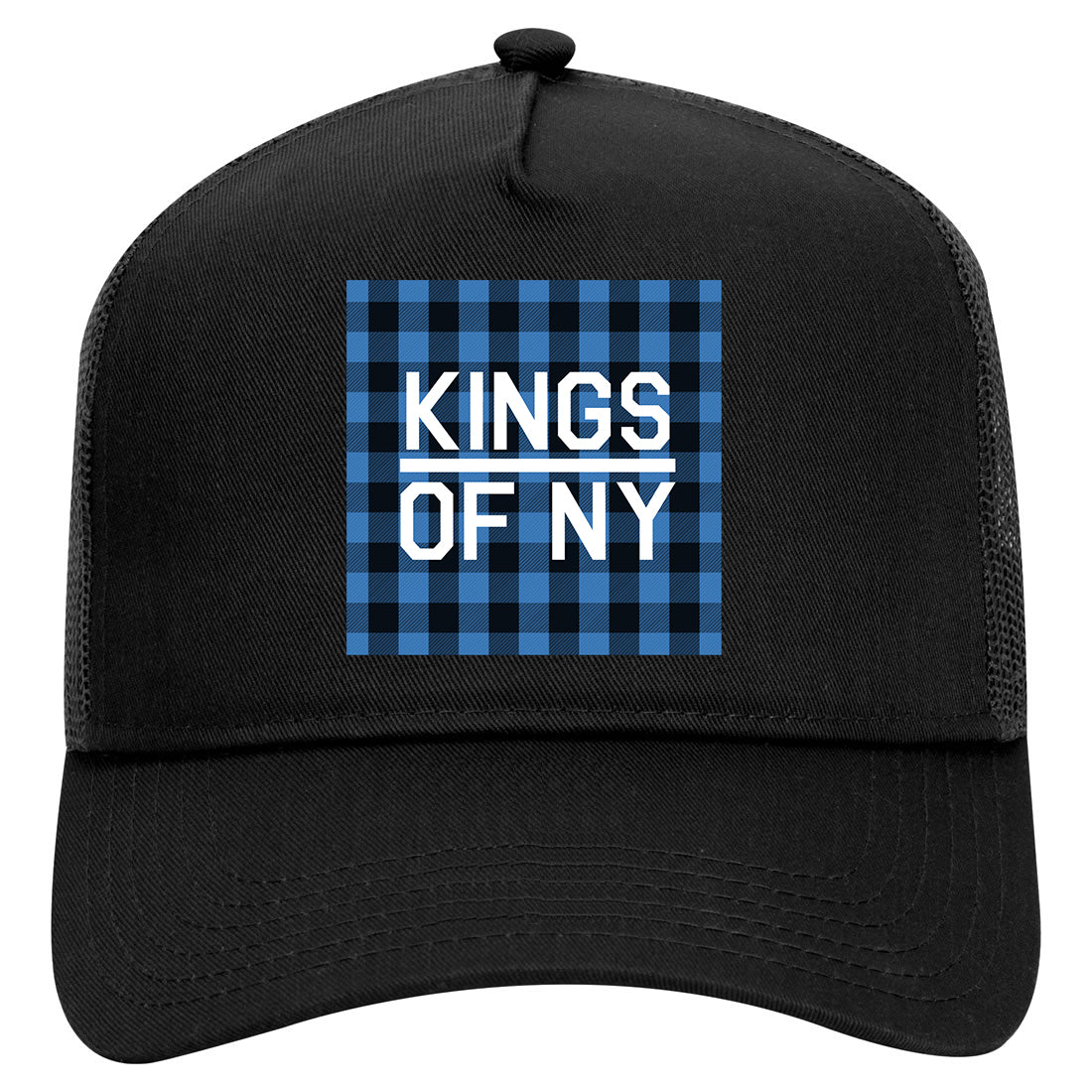 Blue Black Buffalo Plaid Box Logo Mens Mesh Trucker Hat Black