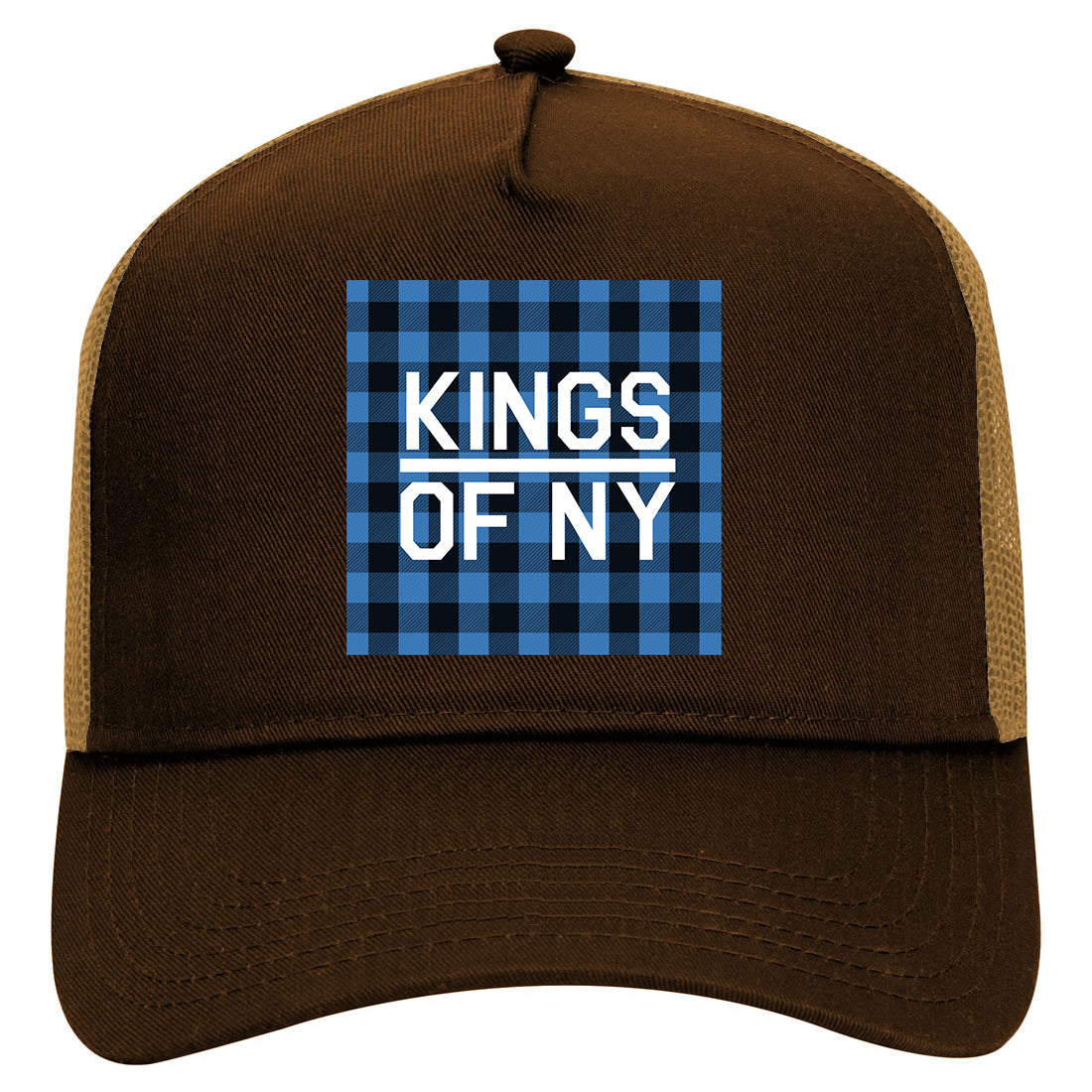Blue Black Buffalo Plaid Box Logo Mens Mesh Trucker Hat Brown