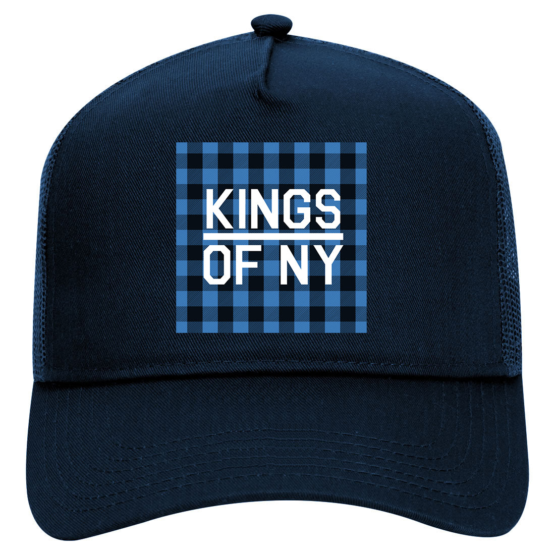 Blue Black Buffalo Plaid Box Logo Mens Mesh Trucker Hat Navy Blue