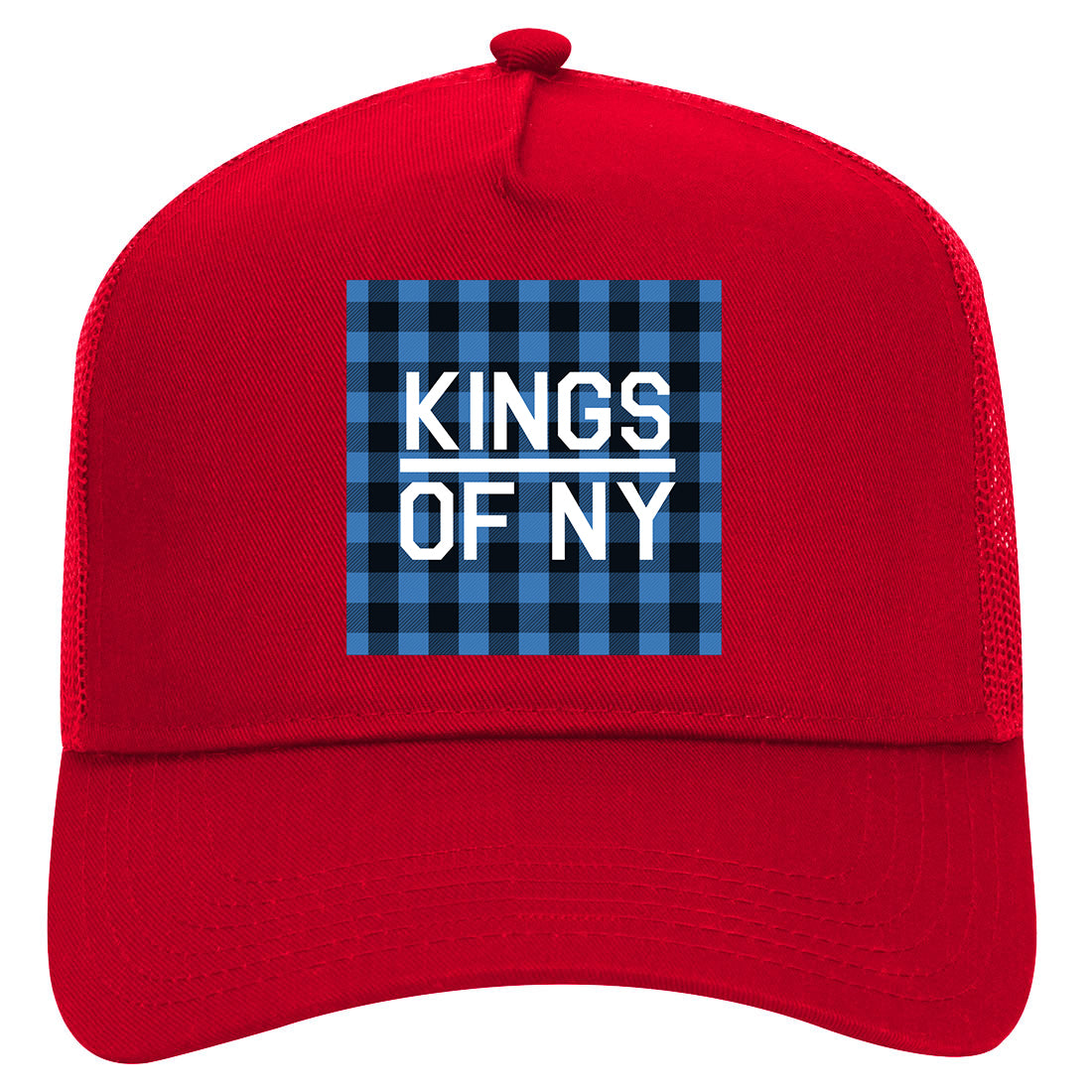 Blue Black Buffalo Plaid Box Logo Mens Mesh Trucker Hat Red