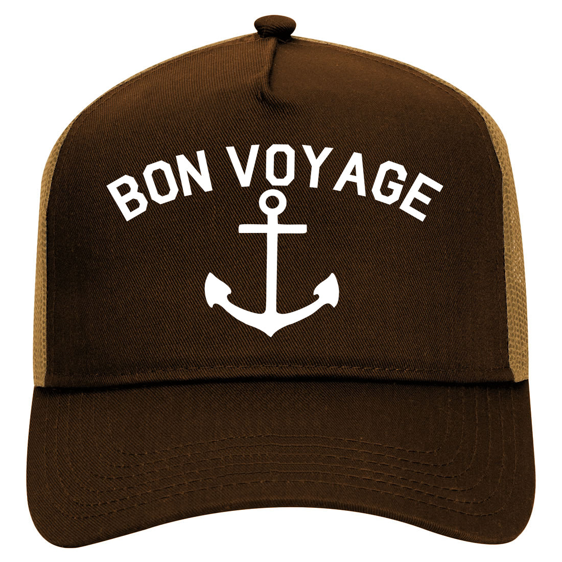 Bon Voyage Anchor Boat Mens Mesh Trucker Hat Brown