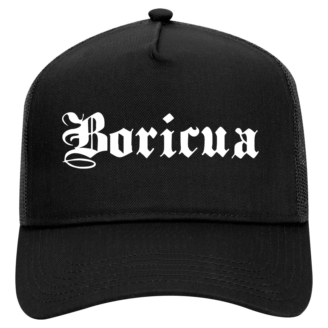 Boricua Old English Puerto Rican Mens Mesh Trucker Hat Black