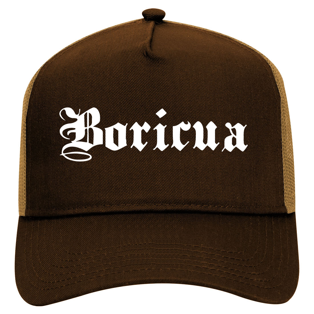 Boricua Old English Puerto Rican Mens Mesh Trucker Hat Brown