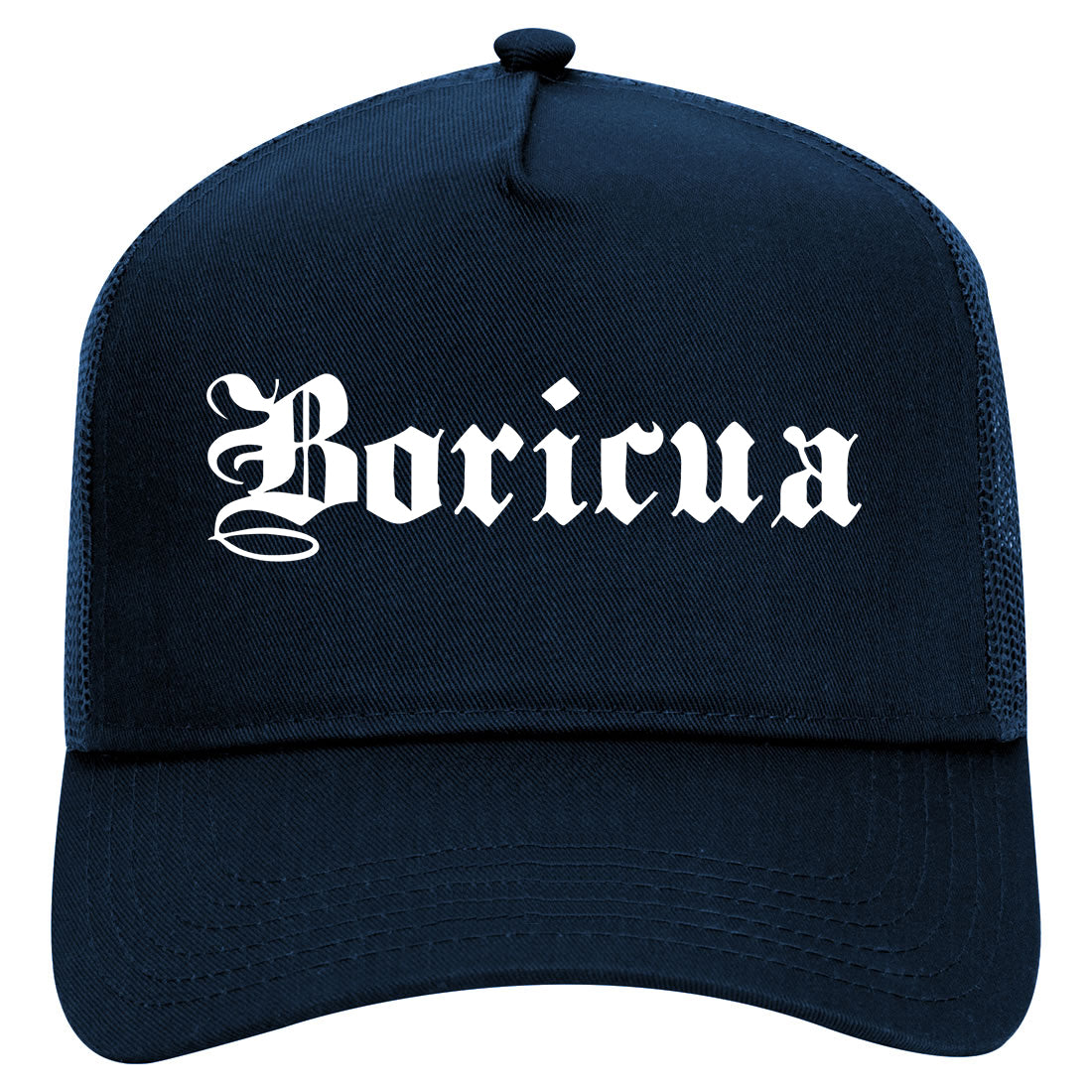 Boricua Old English Puerto Rican Mens Mesh Trucker Hat Navy Blue