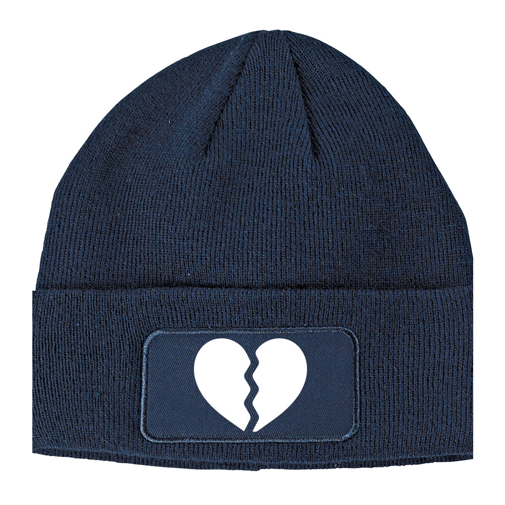 Broken Heart Winter Knit Adult Beanie Hat Navy Blue