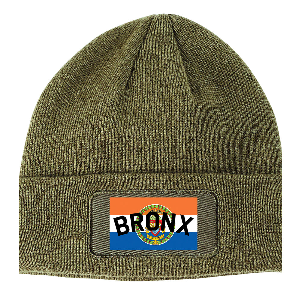 Bronx Flag Winter Knit Adult Beanie Hat Olive Green