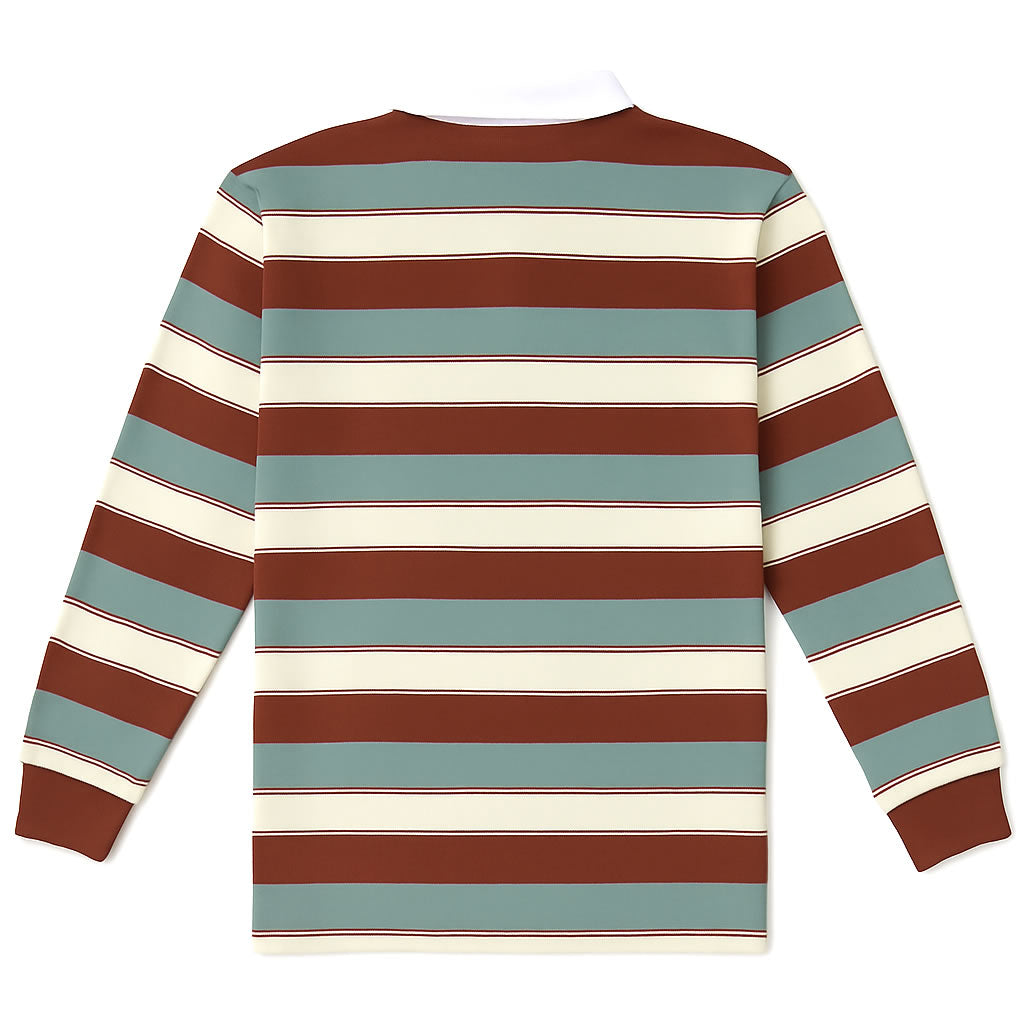 retro rugby polo shirt back view brown blue stripes
