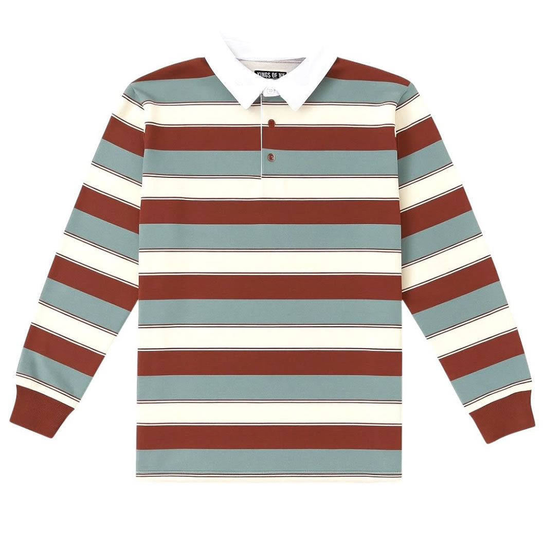 brown and blue vintage striped men’s long sleeve rugby shirt flat lay