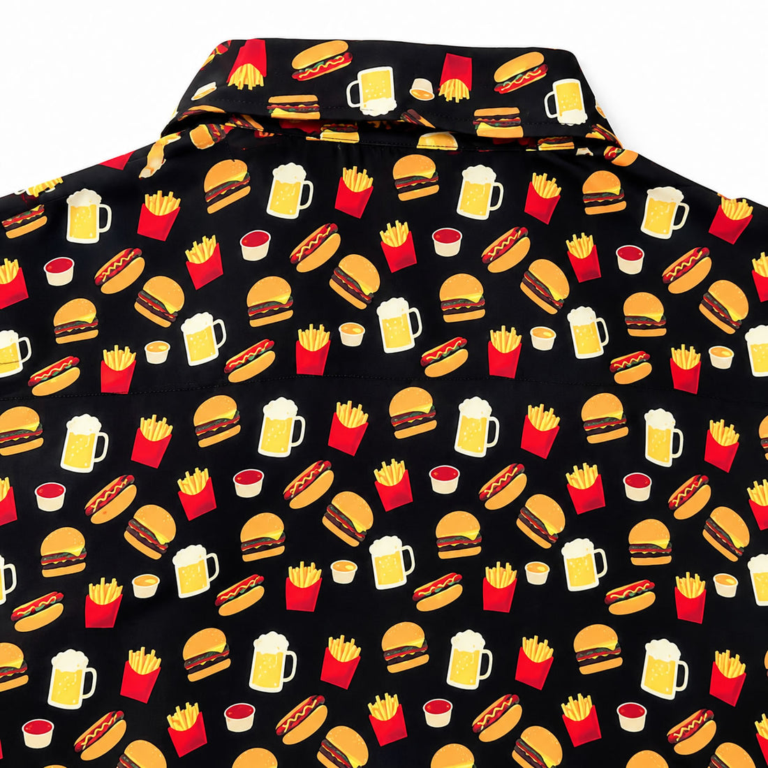 Black shirt with colorful fast food pattern including burgers, fries, and drinks.