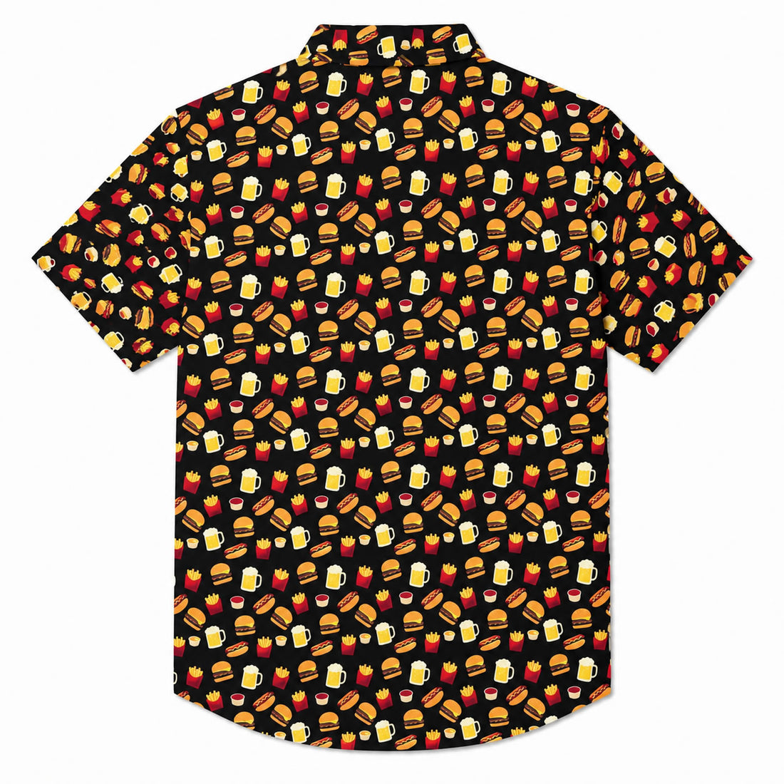 Short-sleeve shirt with a colorful pattern of burgers, fries, and beer mugs on a black background