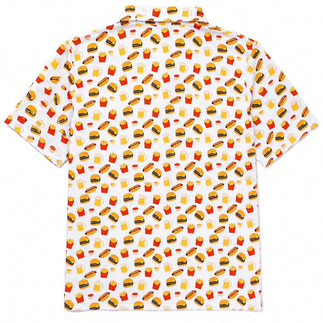 A white short-sleeve button-up shirt with an all-over print of fast food illustrations, including burgers, fries, and hot dogs, shown on a plain white background.