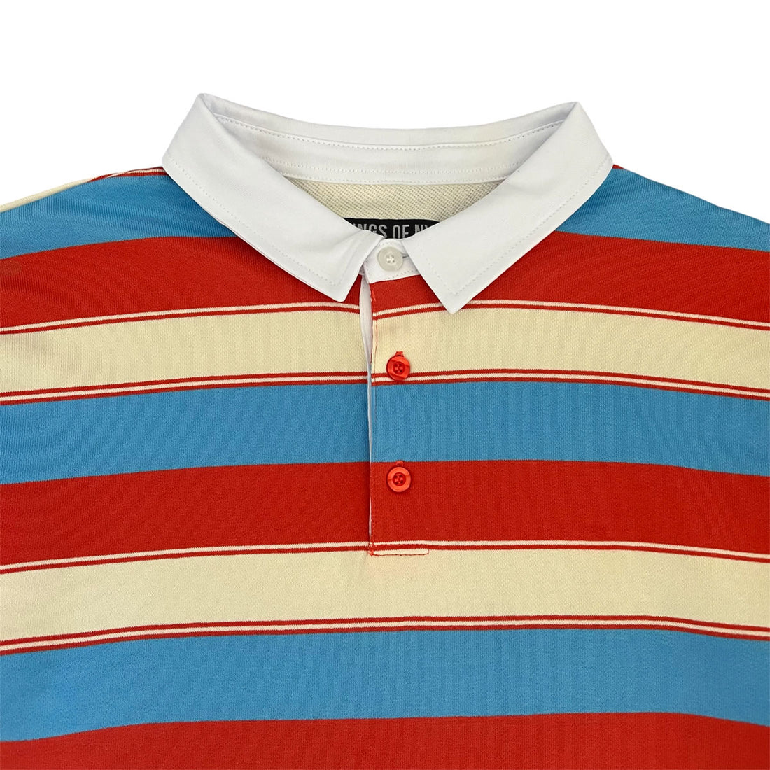 Burnt Orange Cream Blue Vintage Striped Mens Long Sleeve Rugby Shirt Close Up