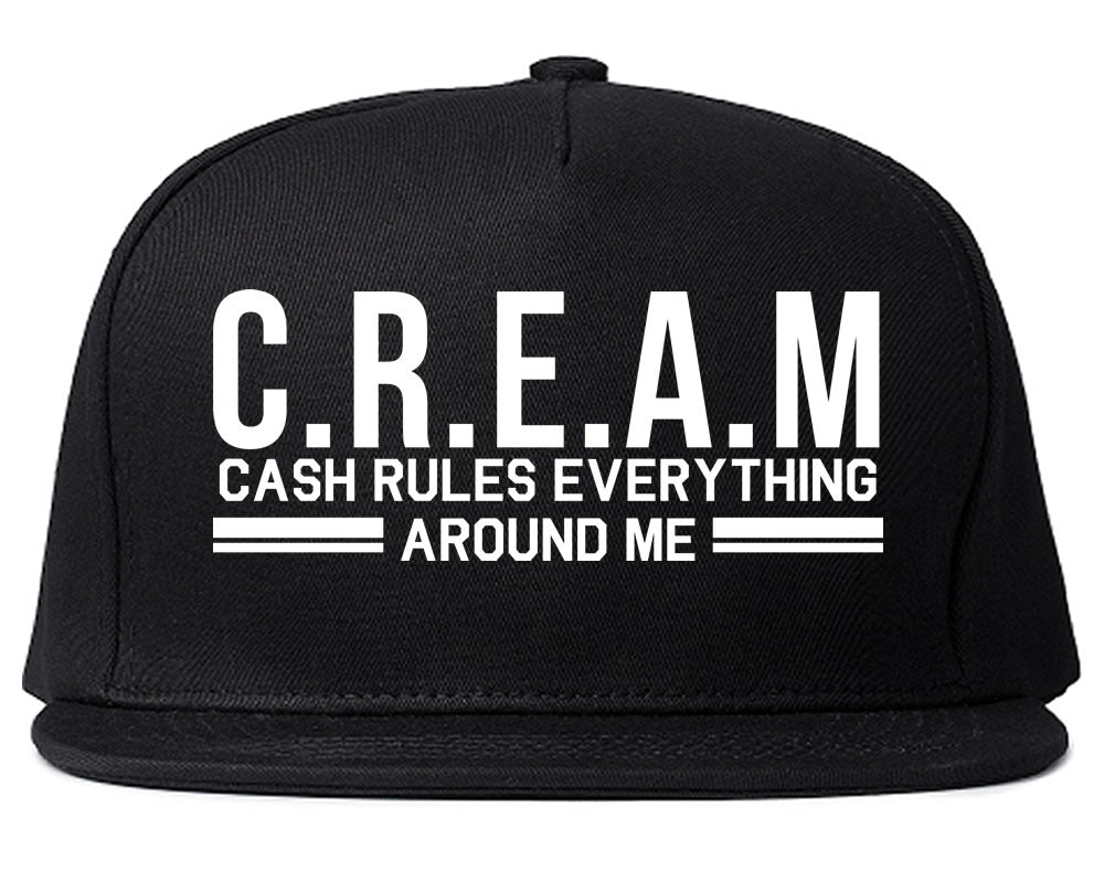 Black cap with white text 'C.R.E.A.M. CASH RULES EVERYTHING AROUND ME' on a white background