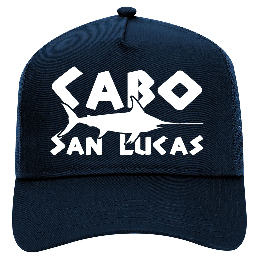 Cabo San Lucas Mexico Swordfish Mens Mesh Trucker Hat Navy Blue