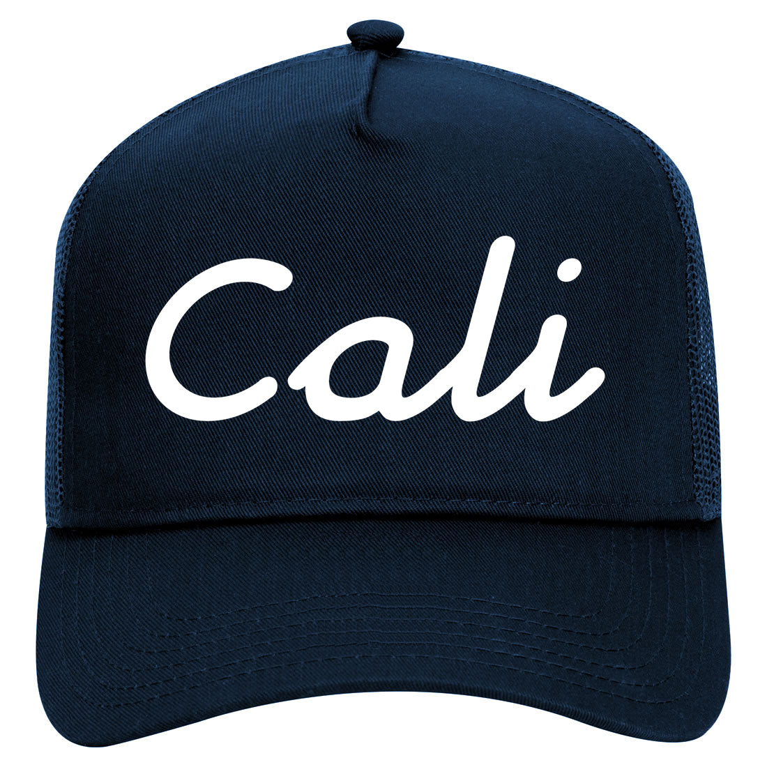 Cali California Script Mens Mesh Trucker Hat Navy Blue