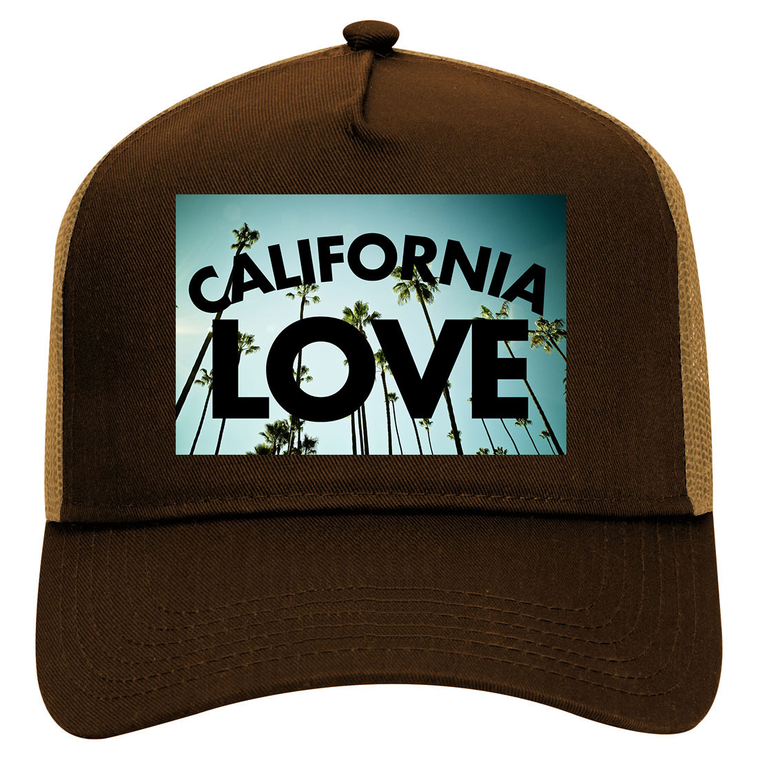 California Love Palm Trees Mens Mesh Trucker Hat Brown