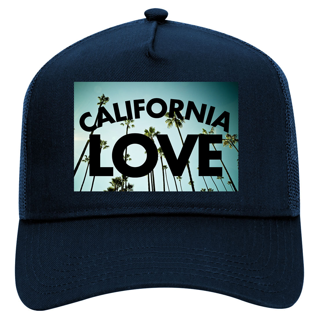 California Love Palm Trees Mens Mesh Trucker Hat Navy Blue