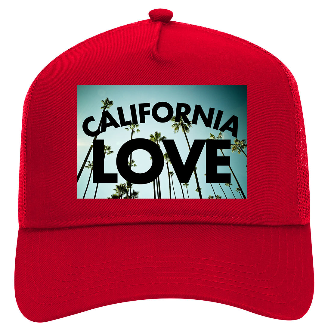 California Love Palm Trees Mens Mesh Trucker Hat Red