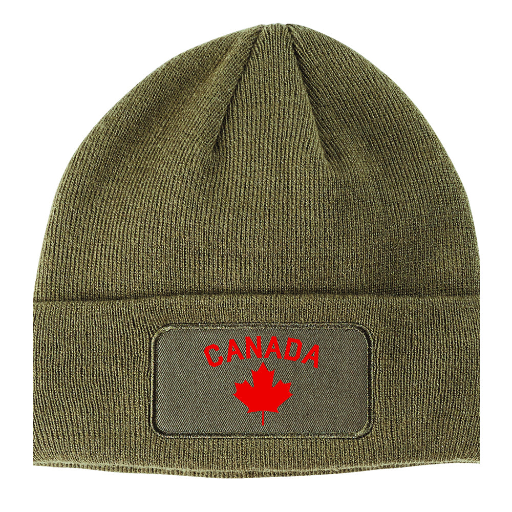 Canada Maple Leaf Red Winter Knit Adult Beanie Hat Olive Green