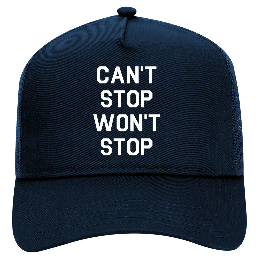 Cant Stop Wont Stop Mens Mesh Trucker Hat Navy Blue