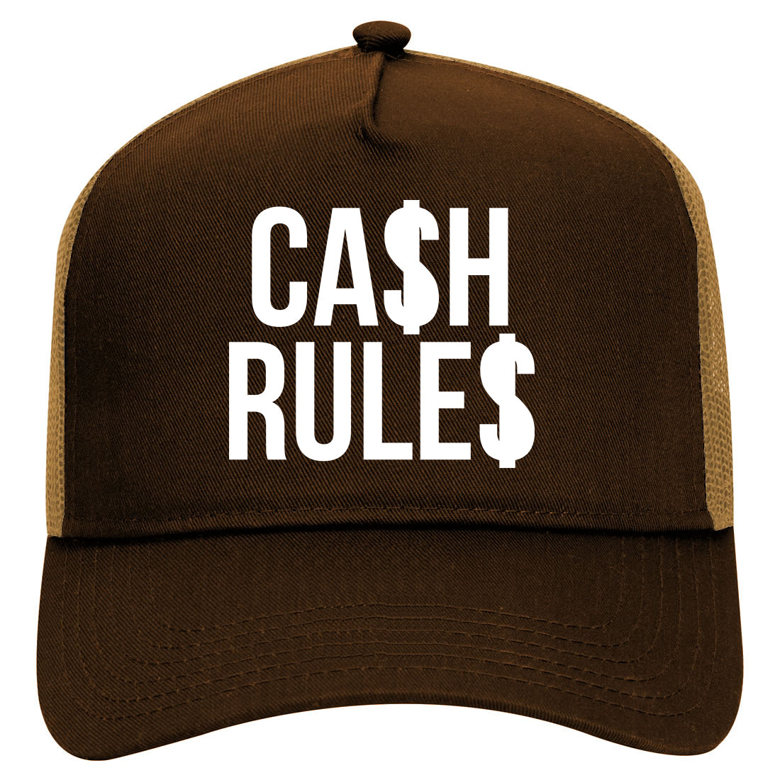 Cash Rules Money Sign Mens Mesh Trucker Hat Brown