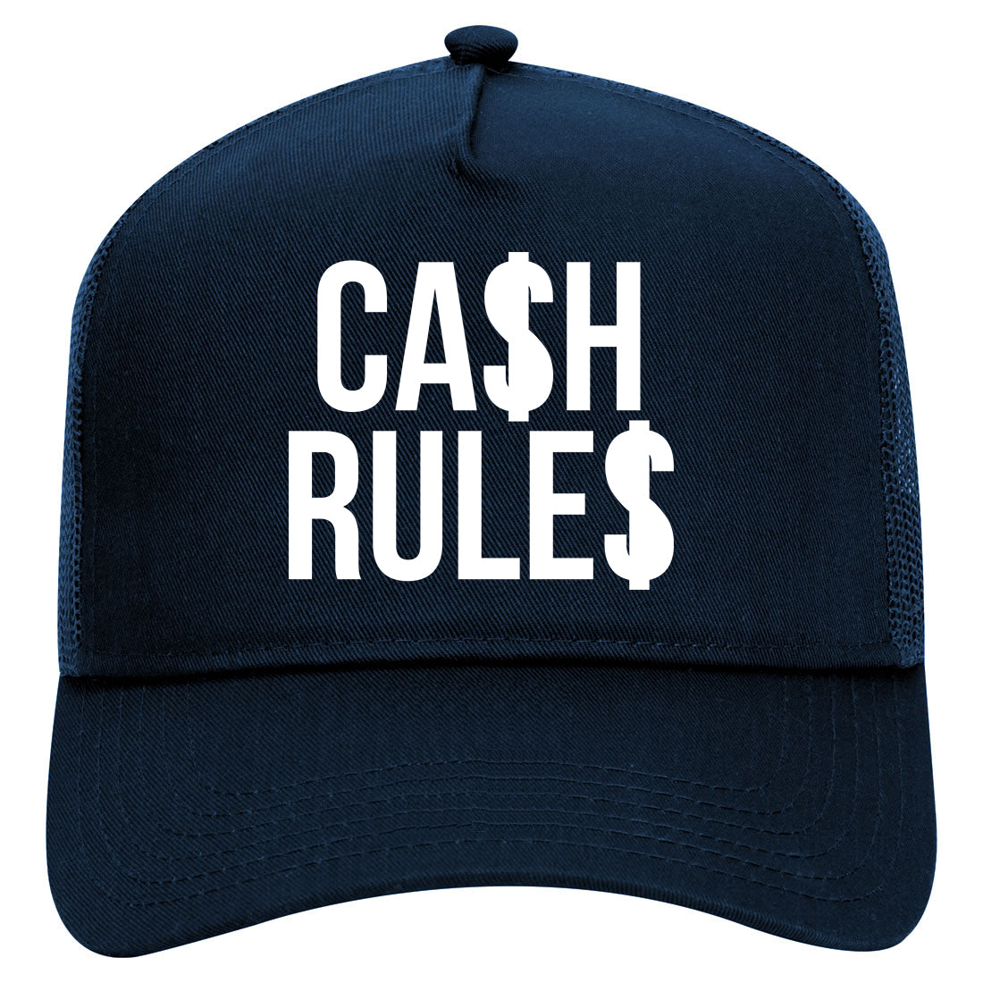 Cash Rules Money Sign Mens Mesh Trucker Hat Navy Blue