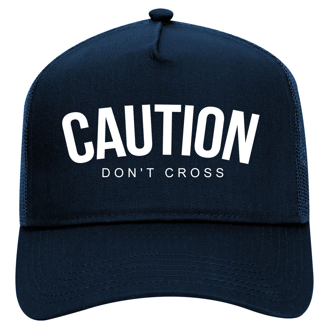 Caution Dont Cross Mens Mesh Trucker Hat Navy Blue