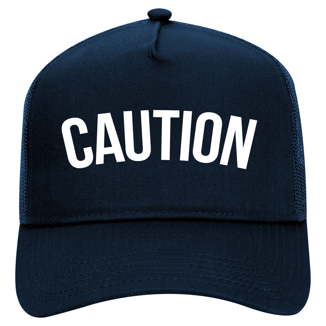 Caution Mens Mesh Trucker Hat Navy Blue