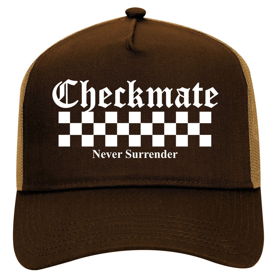 Checkmate Never Surrender Chess Mens Mesh Trucker Hat Brown
