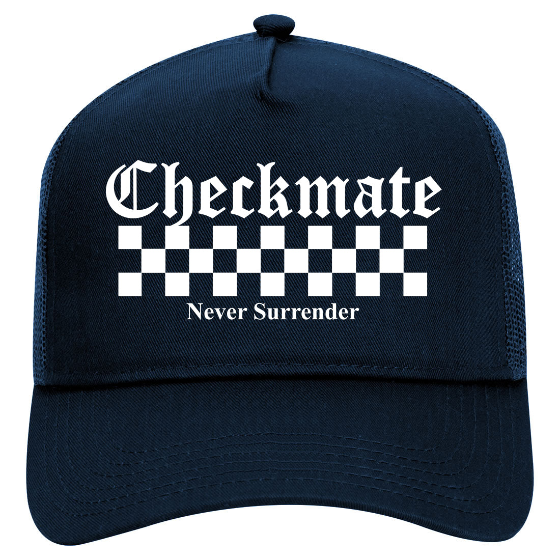 Checkmate Never Surrender Chess Mens Mesh Trucker Hat Navy Blue