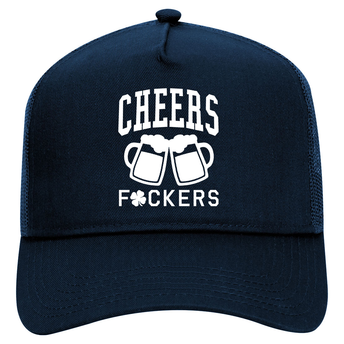 Cheers Fckers St Patricks Day Mens Mesh Trucker Hat Navy Blue