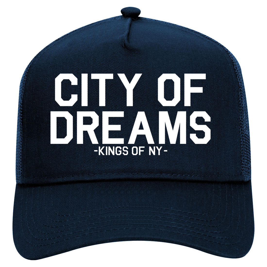 City Of Dreams New York Mens Mesh Trucker Hat Navy Blue