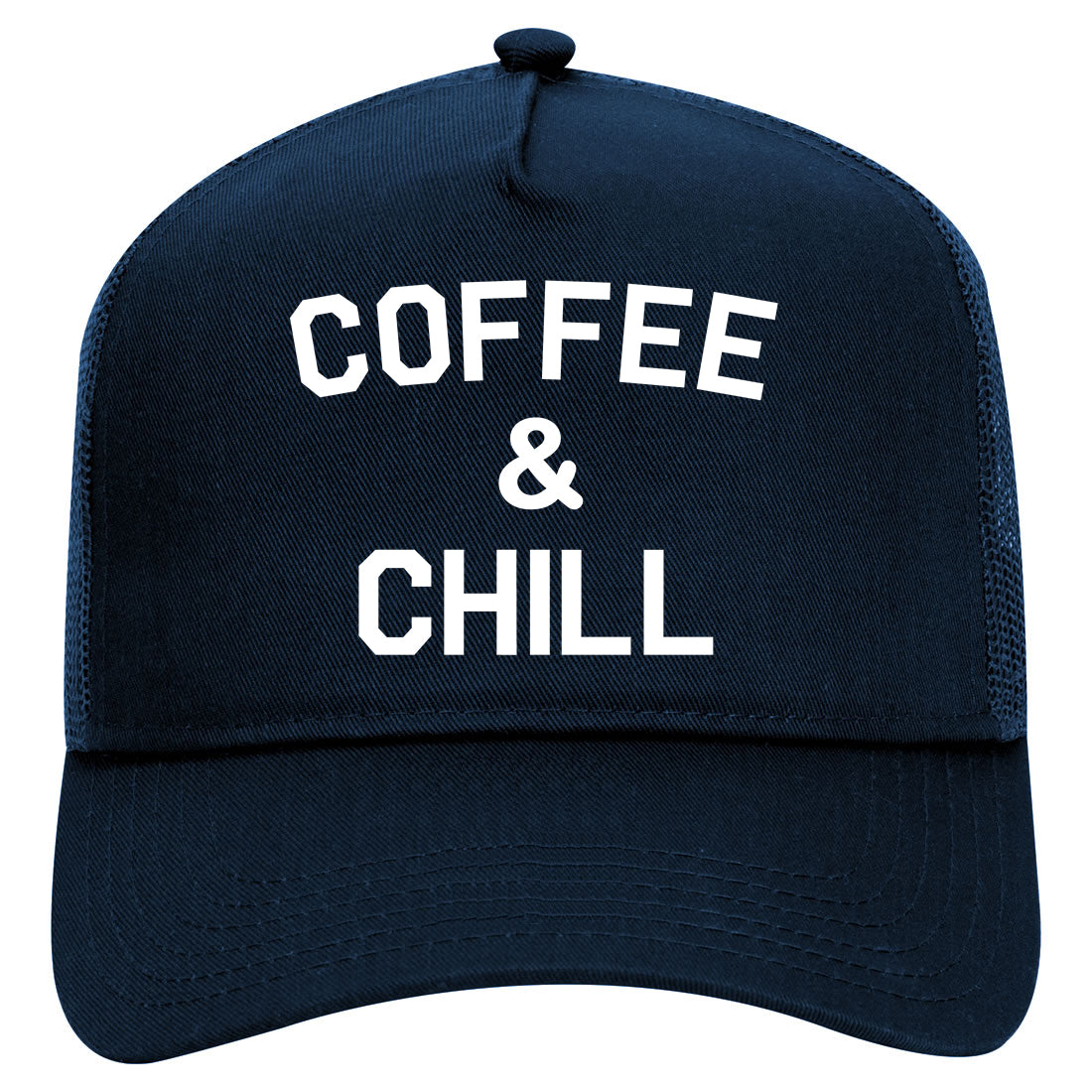 Coffee And Chill Funny Mens Mesh Trucker Hat Navy Blue