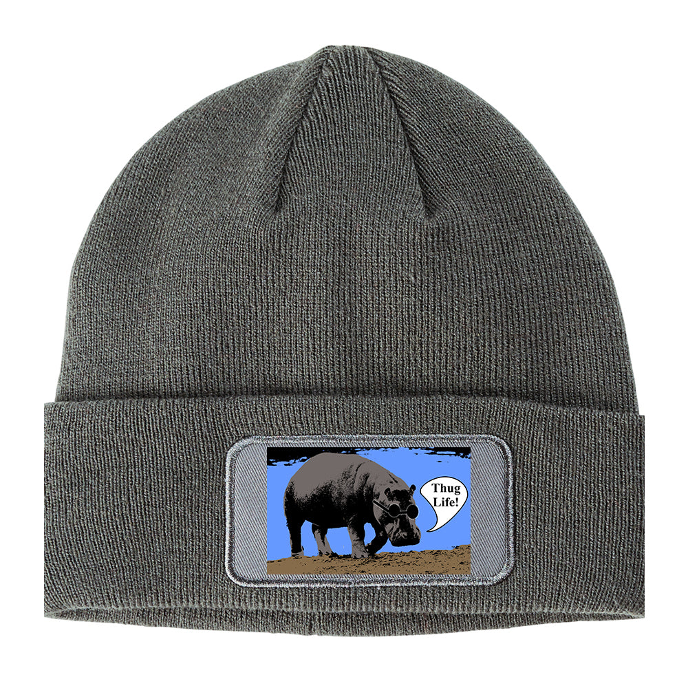 Cool Hippo Thug Life Funny Winter Knit Adult Beanie Hat Grey