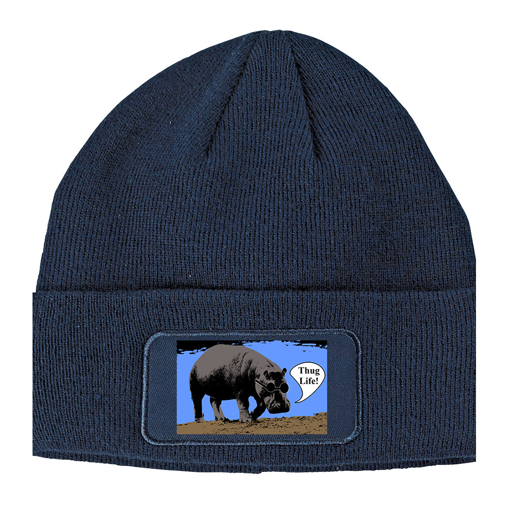 Cool Hippo Thug Life Funny Winter Knit Adult Beanie Hat Navy Blue