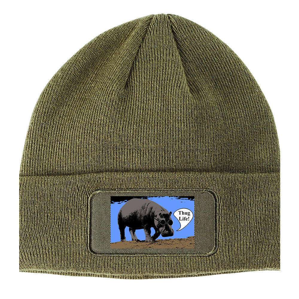 Cool Hippo Thug Life Funny Winter Knit Adult Beanie Hat Olive Green