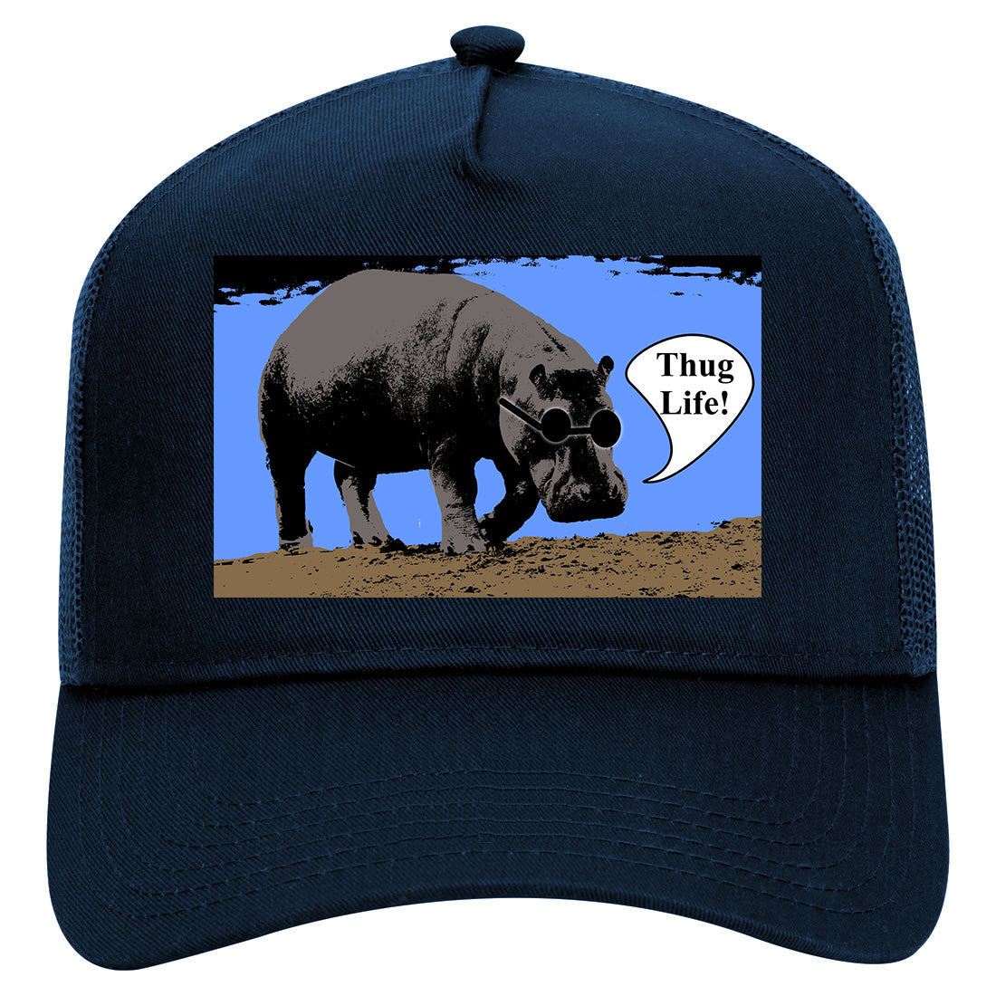 Cool Hippo Thug Life Funny Mens Mesh Trucker Hat Navy Blue