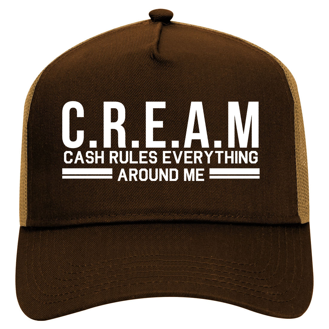Cream Cash Rules Everything Around Me Mens Mesh Trucker Hat Brown