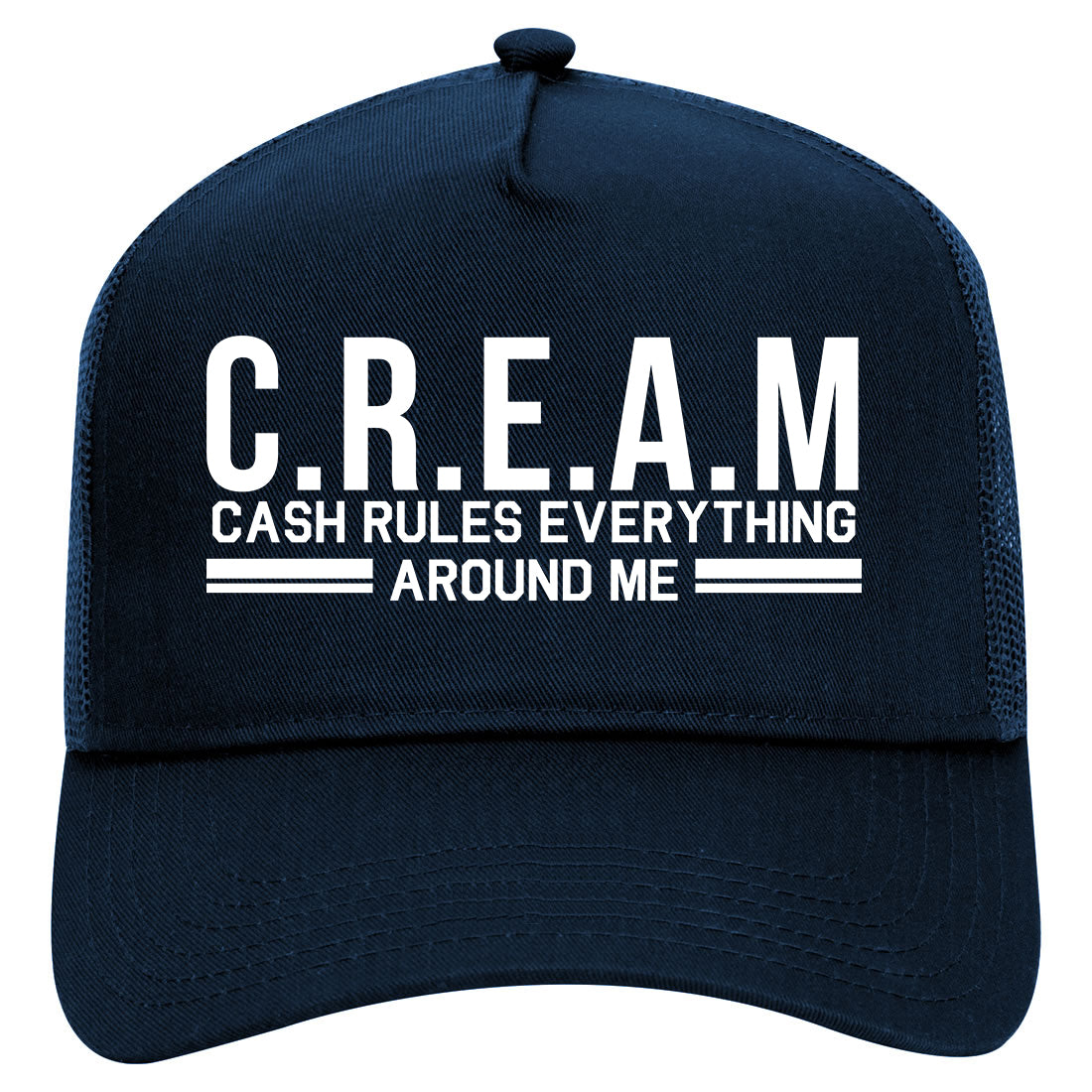 Cream Cash Rules Everything Around Me Mens Mesh Trucker Hat Navy Blue