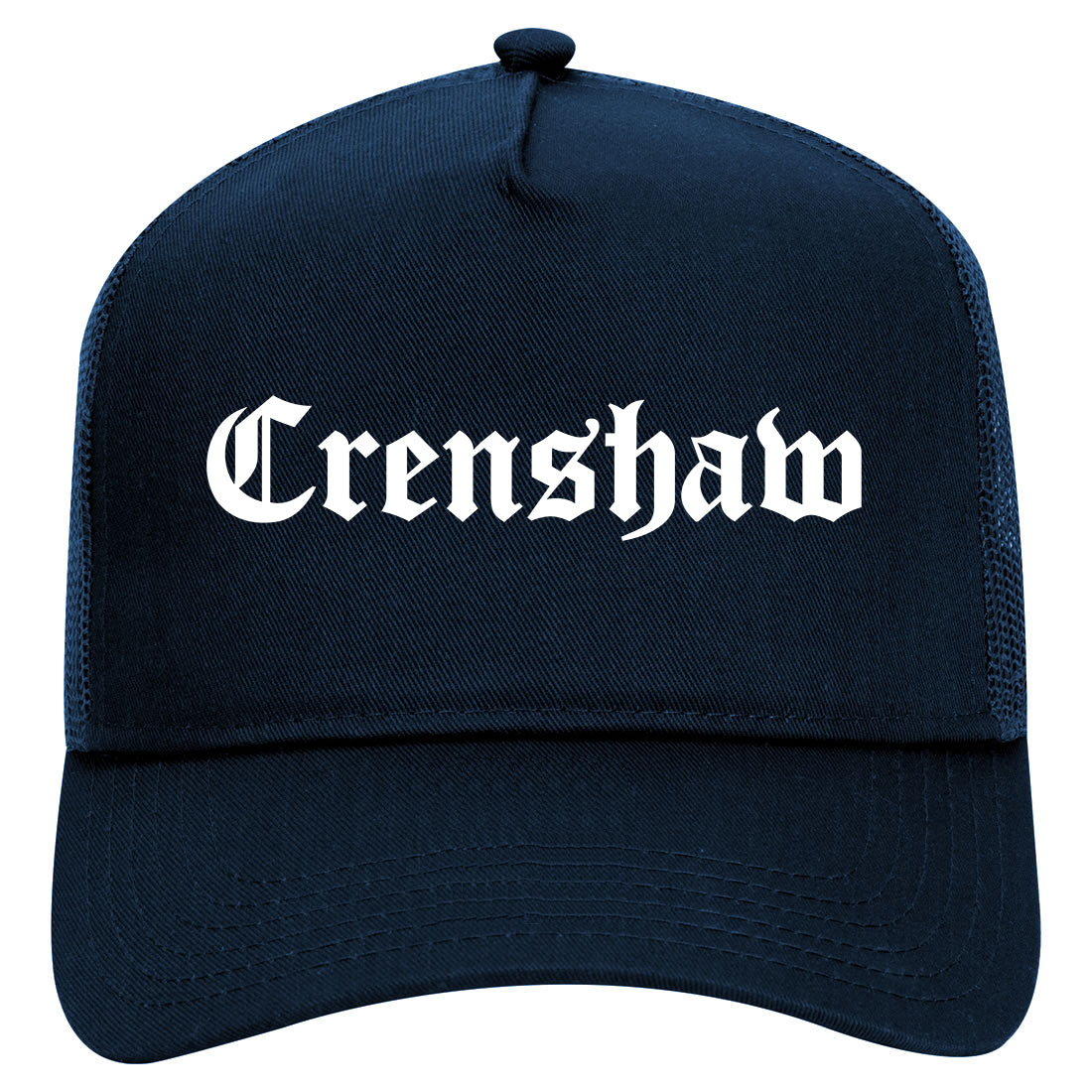 Crenshaw Old English Los Angeles Mens Mesh Trucker Hat Navy Blue