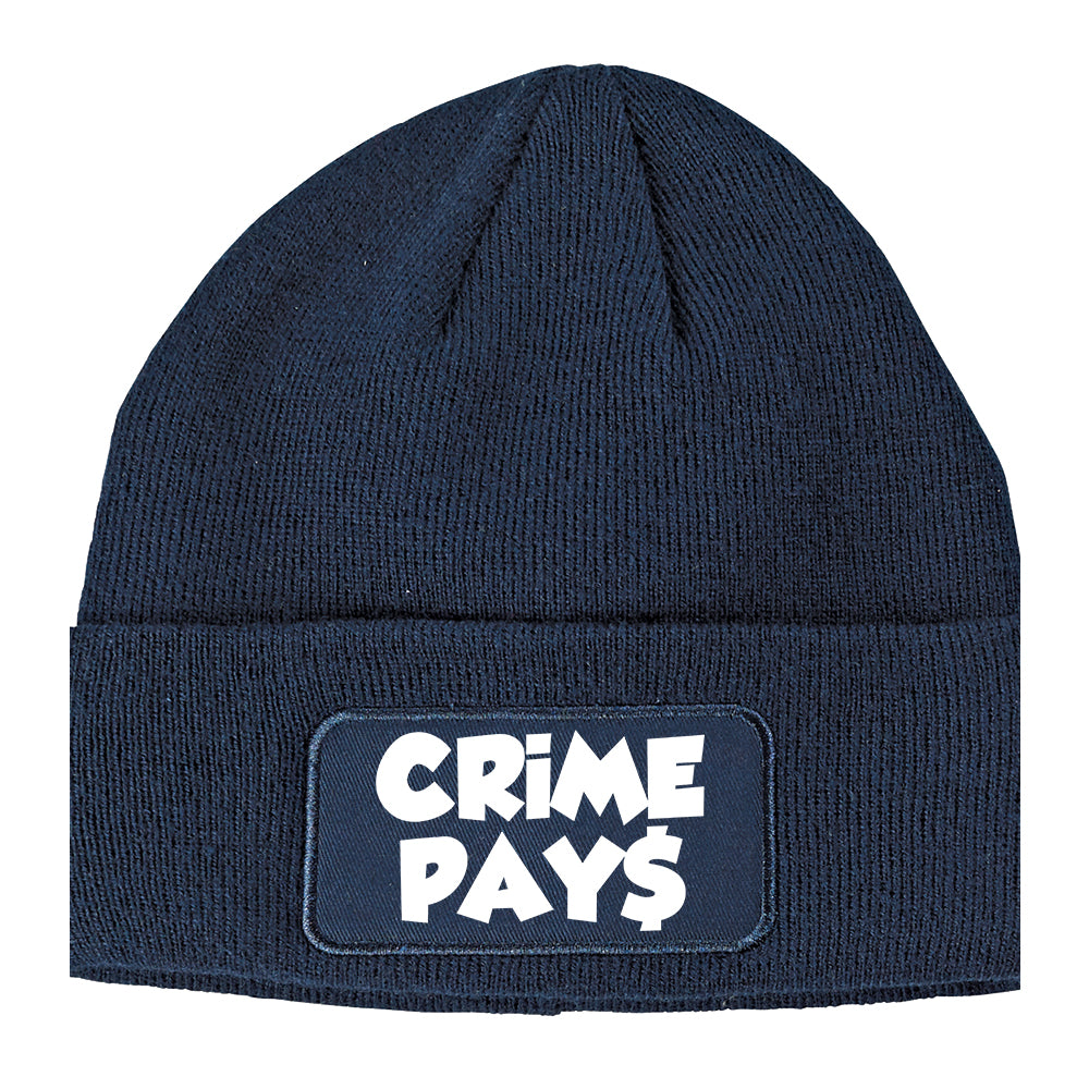 Crime Pays Bubble Letters Winter Knit Adult Beanie Hat Navy Blue