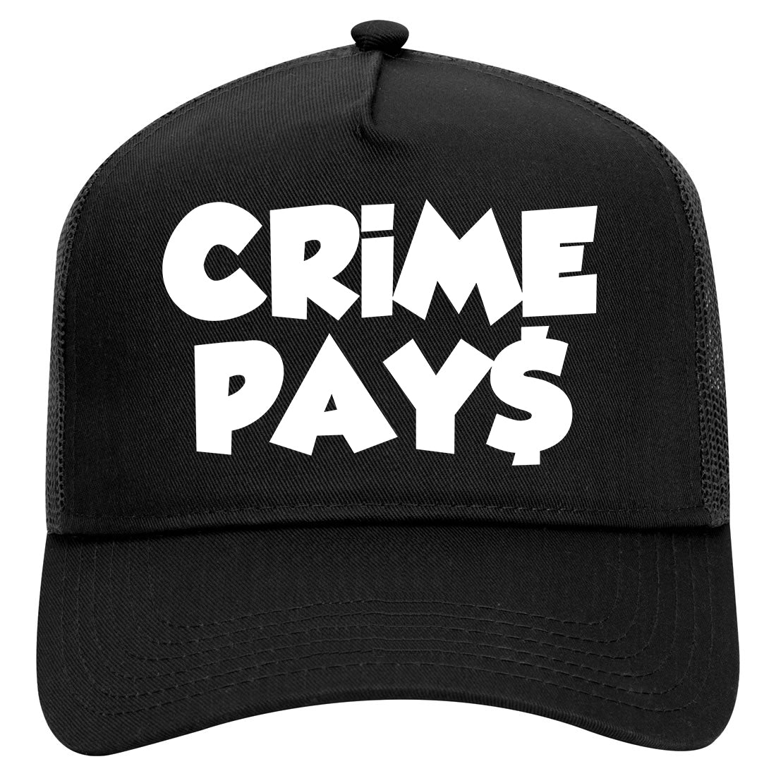 Crime Pays Bubble Letters Mens Mesh Trucker Hat Black